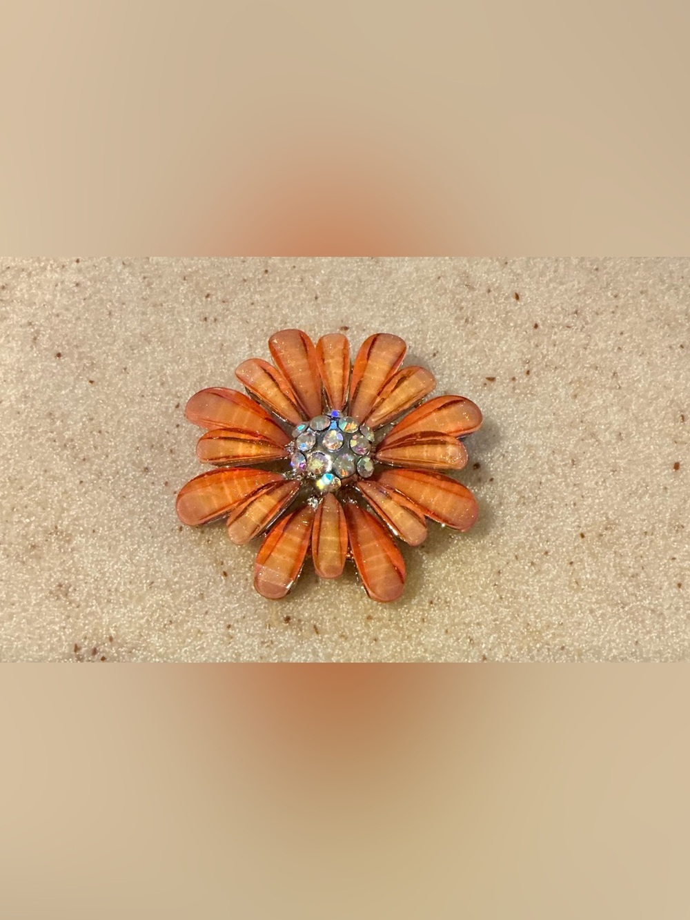 Orange Flower Brooch with Aurora Rhinestone Center